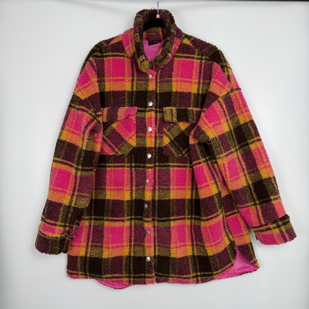 Fate Women's Pink Multi Plaid Sherpa Oversized Fleece Cozy Core Jacket  Large - Picture 2 of 8